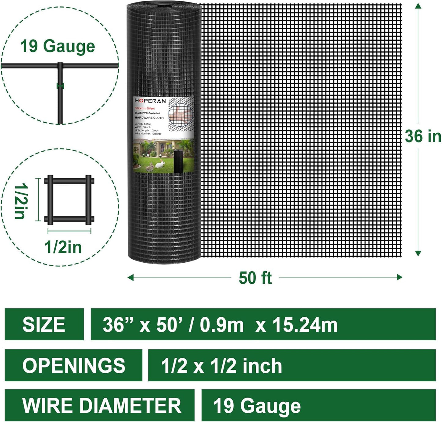 HOPERAN Black Hardware Cloth 1/2 inch 36 x 50 Ft Mesh 19 Gauge PVC Coated Chicken Wire - Vinyl + Galvanized Double Coated Fence - Welded Wire Mesh Roll for Chicken Coop Fencing Garden Fencing
