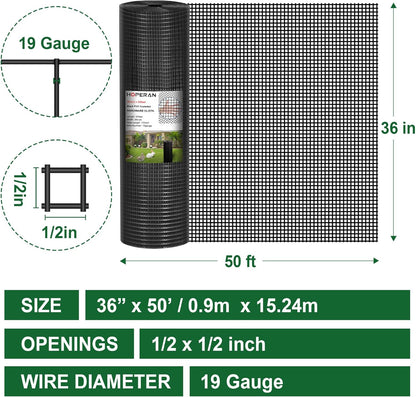 HOPERAN Black Hardware Cloth 1/2 inch 36 x 50 Ft Mesh 19 Gauge PVC Coated Chicken Wire - Vinyl + Galvanized Double Coated Fence - Welded Wire Mesh Roll for Chicken Coop Fencing Garden Fencing