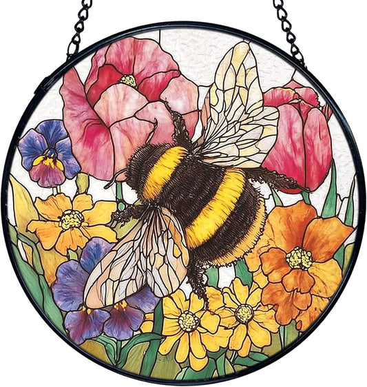 TNUW Bee Flower Stained Glass Window Hanging, Cottagecore Honey Bee Wildflower Sun Catchers Indoor Window Glass Round Wall Art Decor, Floral Wall Hanging Decorations, 7.9＂x7.9＂