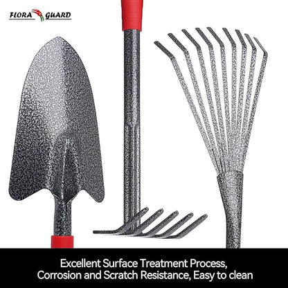 FLORA GUARD Garden Tool Set, 6-Piece Heavy Duty Gardening Hand Tools with Soft Rubber Handle, Includes Trowel, Rake, 2-in-1 Hoe & Crack Weeder, Durable Yard Tools, Ideal Gardening Gift for Men & Women