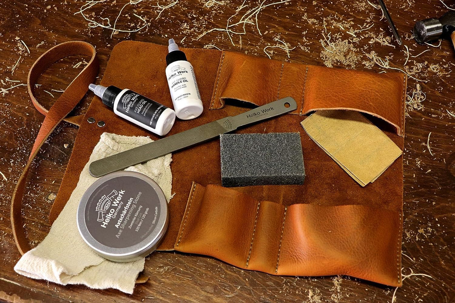 1844 Helko Werk Germany Deluxe Axe Care and Maintenance Kit - Axe Maintenance Tool Care, Sharpening Stone, Axe Wax, Leather Oil, Leather Paste, 4 Oz. AxeGuard (Deluxe Maintenance Kit) #F8790-3