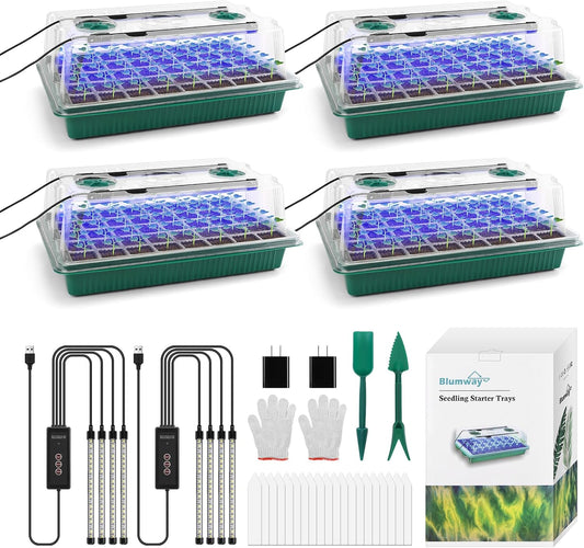 BlumWay Seed Starter Tray with Grow Light,4 Pack 160 Cells Seedling Tray with Humidity Dome/Indoor