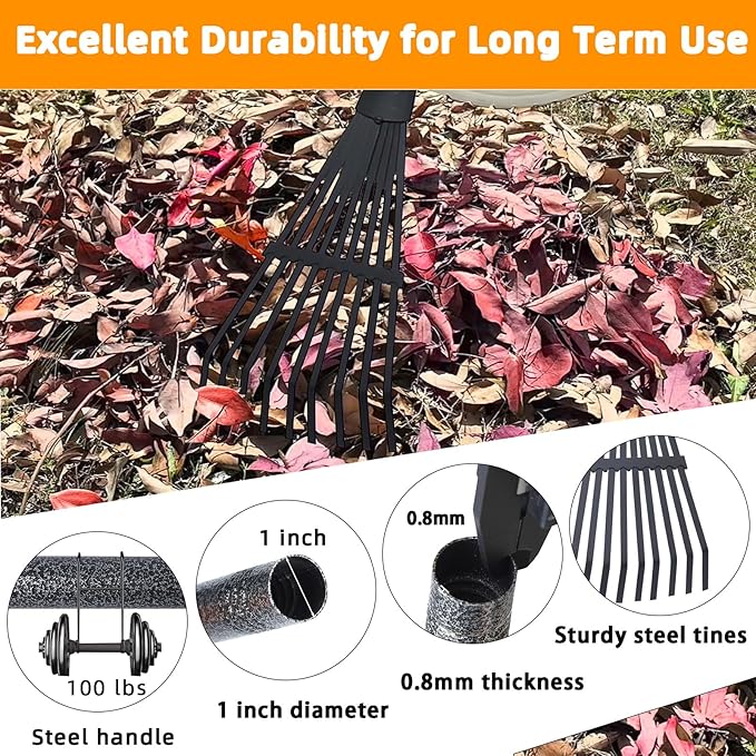 Garden Rake for Leaves, 48" Metal Leaf Rake with Foam Soft Foam Grip, 9 Tines Small Narrow Rakes with Adjustable Long Handle, Rakes for Lawns Gardening Yard Flower Bed Grass Mulch Shrub Camping