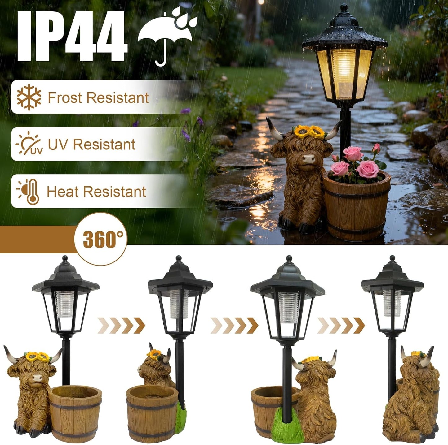 Highland Cow Garden Outdoor Statues with Solar Lights and Flowerpot Decor Animal Figurines Sculptures Resin Outdoor Statues for Patio Yard Lawn Balcony Mom Grandma Gifts
