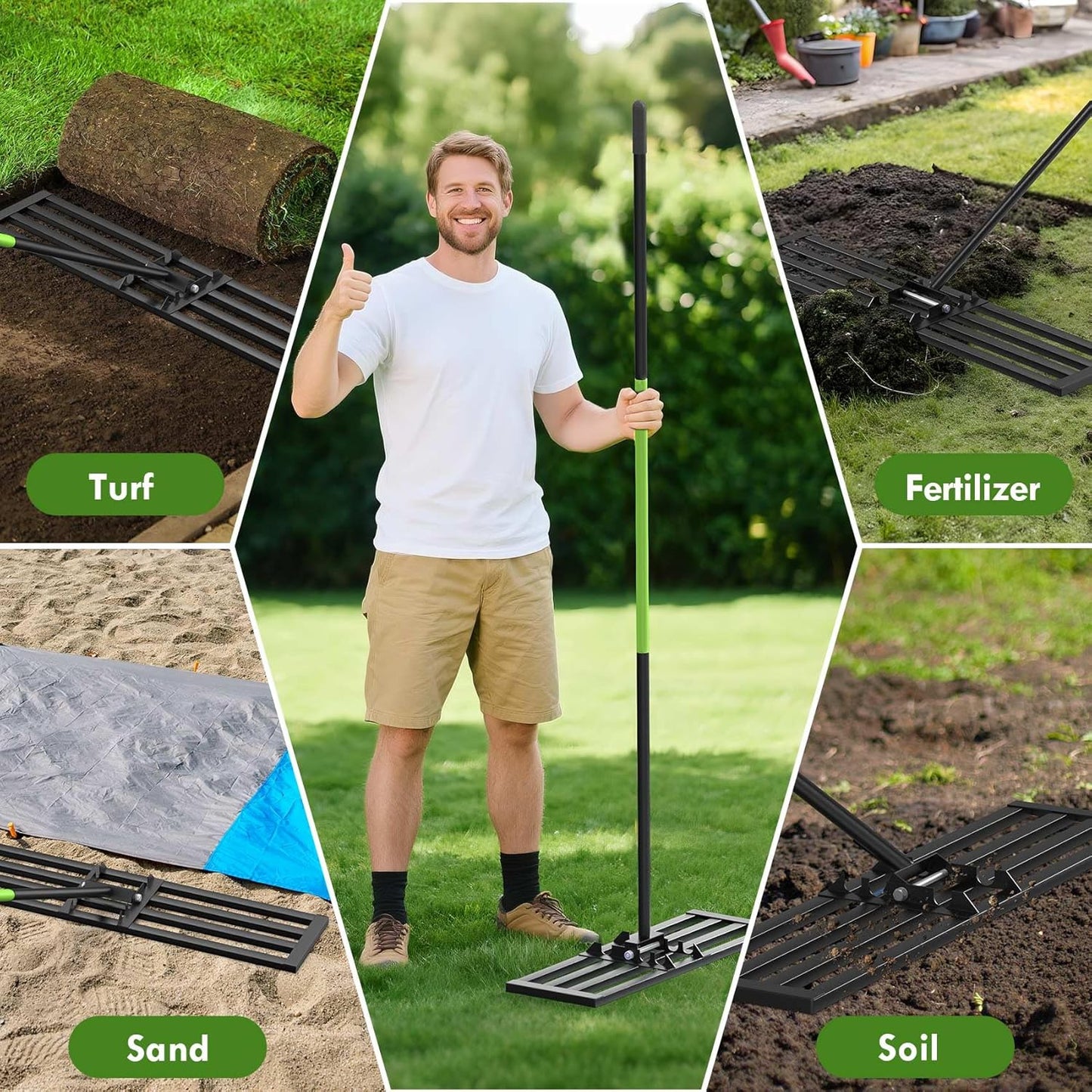 Seeutek Lawn Leveling Rake, 45” x 10” Lawn Leveler with 6.5FT Durable Handle Rakes for Lawns, 0-180° Adjustable Ground Leveler Tool for Yard, Level Soil Sand Dirt Surfaces