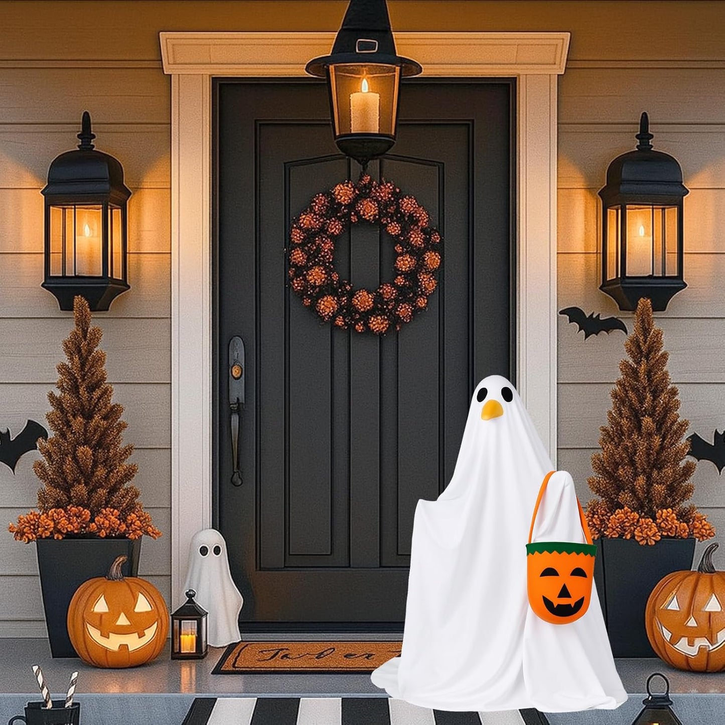 Halloween Porch Goose Outfit Ghost Goose Clothes for 23'' Cement Plastic Geese Silly Lawn Geese Yard Outdoor Decoration