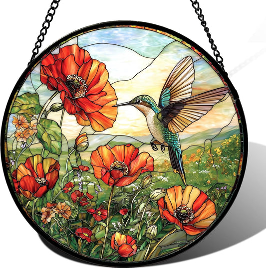 Stained Glass Window Hanging, Hummingbirds Orange Flowers Suncatcher Diamond Glass Panel Hangings