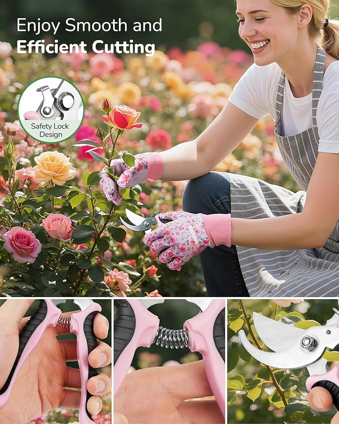 12-Piece Womens Gardening Tools Gift Set, Rust-Proof & Heavy-Duty Garden Tools with Durable Carrying Case, Fashionable & Thoughtful Gardening Gifts for Women&Men (Pink)