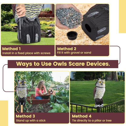 Fake Owl Decoys to Scare Birds Away, Waterproof 360° Rotating Head Hawks & Squirrel Deterrent, Patio Decoration Pest Control, Garden Owl Decoy for Outdoor Yard Patio Pools