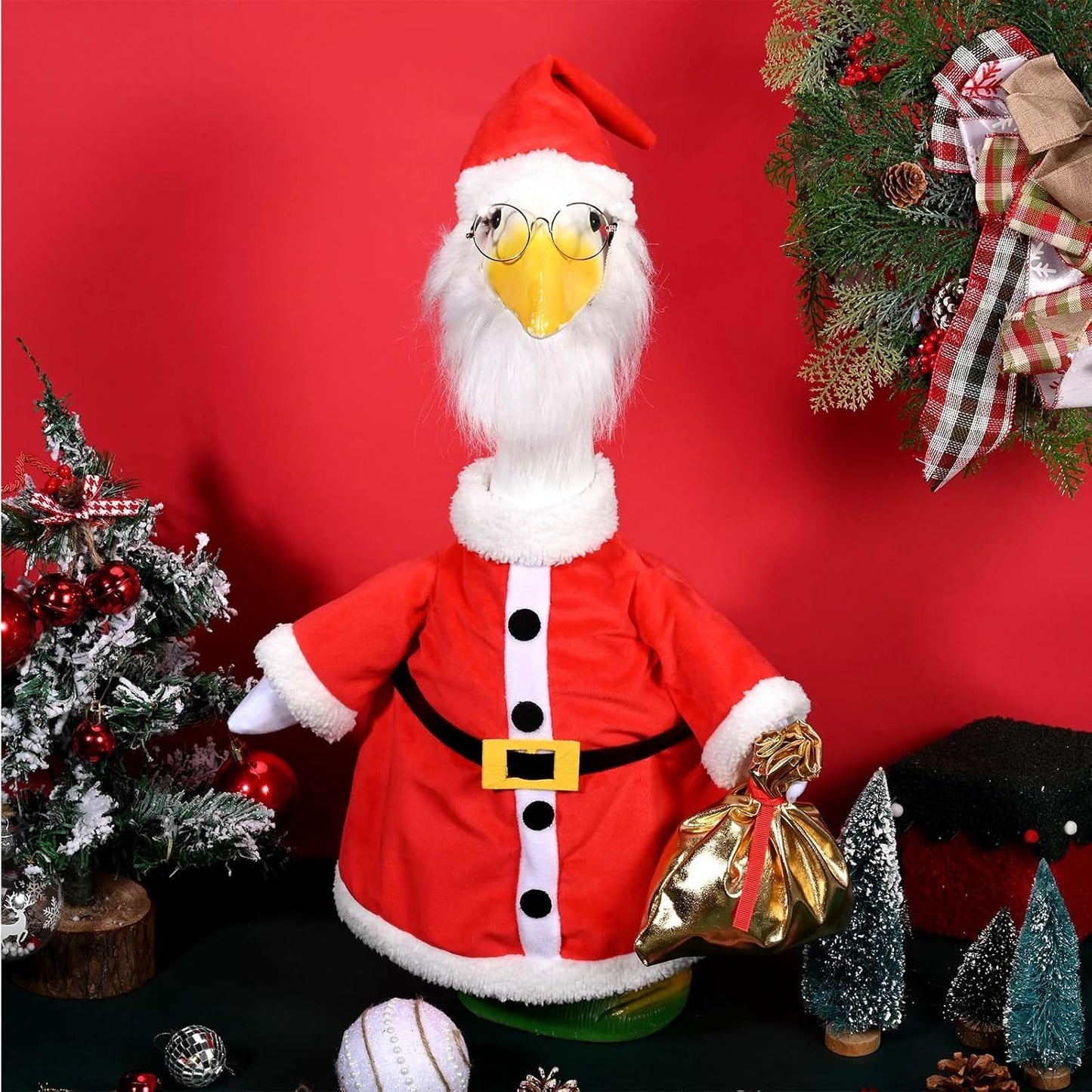 Christmas Santa Porch Goose Outfits Christmas Lawn Goose Clothes Fits 23" Cement Plastic Goose Statue for Xmas Outdoor Garden Yard Patio Statue Art Decoration