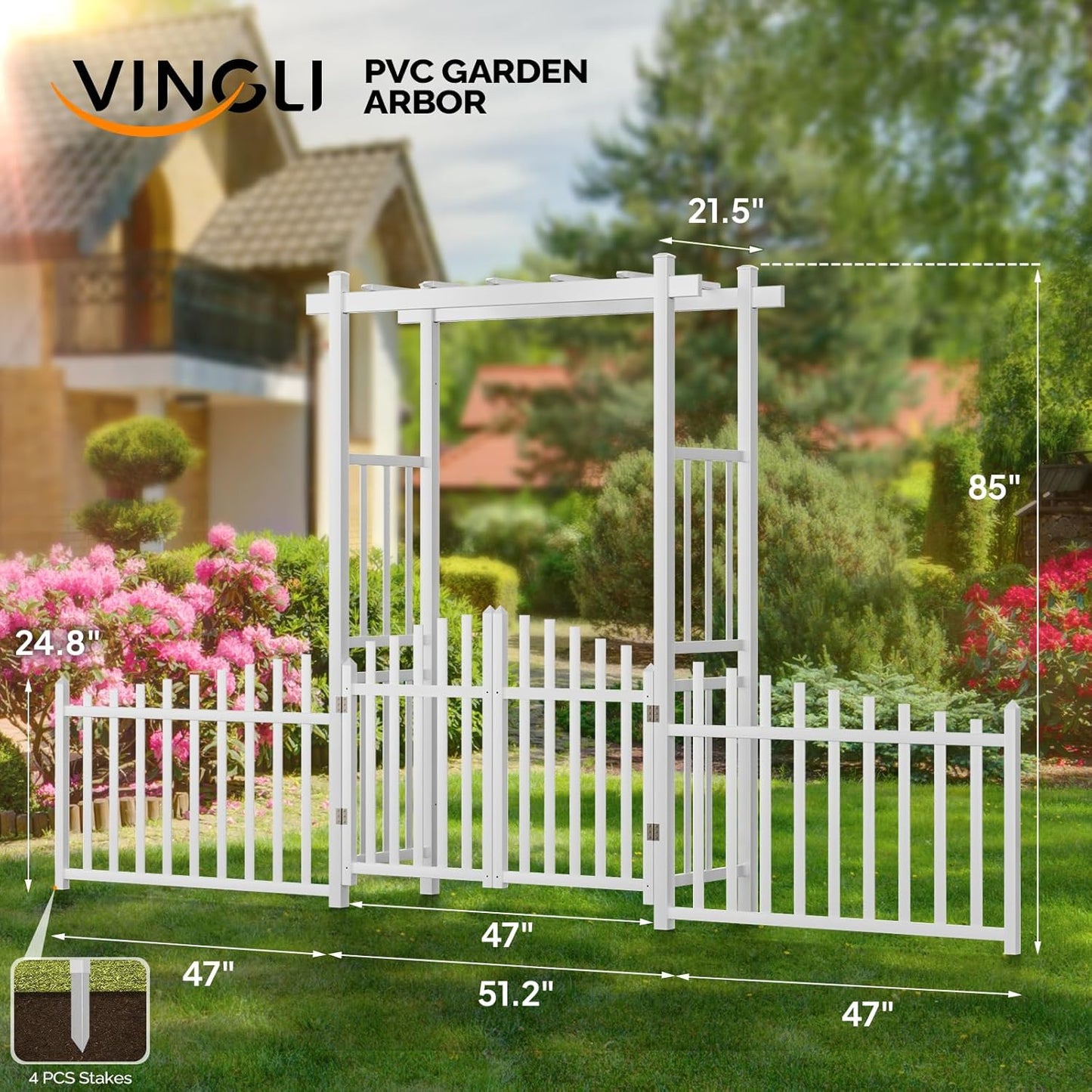 VINGLI Garden Arbor with Gate and Fence, PVC Wedding Arch for Ceremony Party, Garden Trellis for Climbing Plants Outdoor, Arch Backdrop Stand for Garden, Backyard, Lawn, Wedding