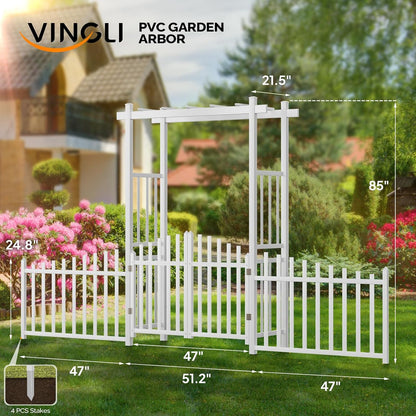 VINGLI Garden Arbor with Gate and Fence, PVC Wedding Arch for Ceremony Party, Garden Trellis for Climbing Plants Outdoor, Arch Backdrop Stand for Garden, Backyard, Lawn, Wedding