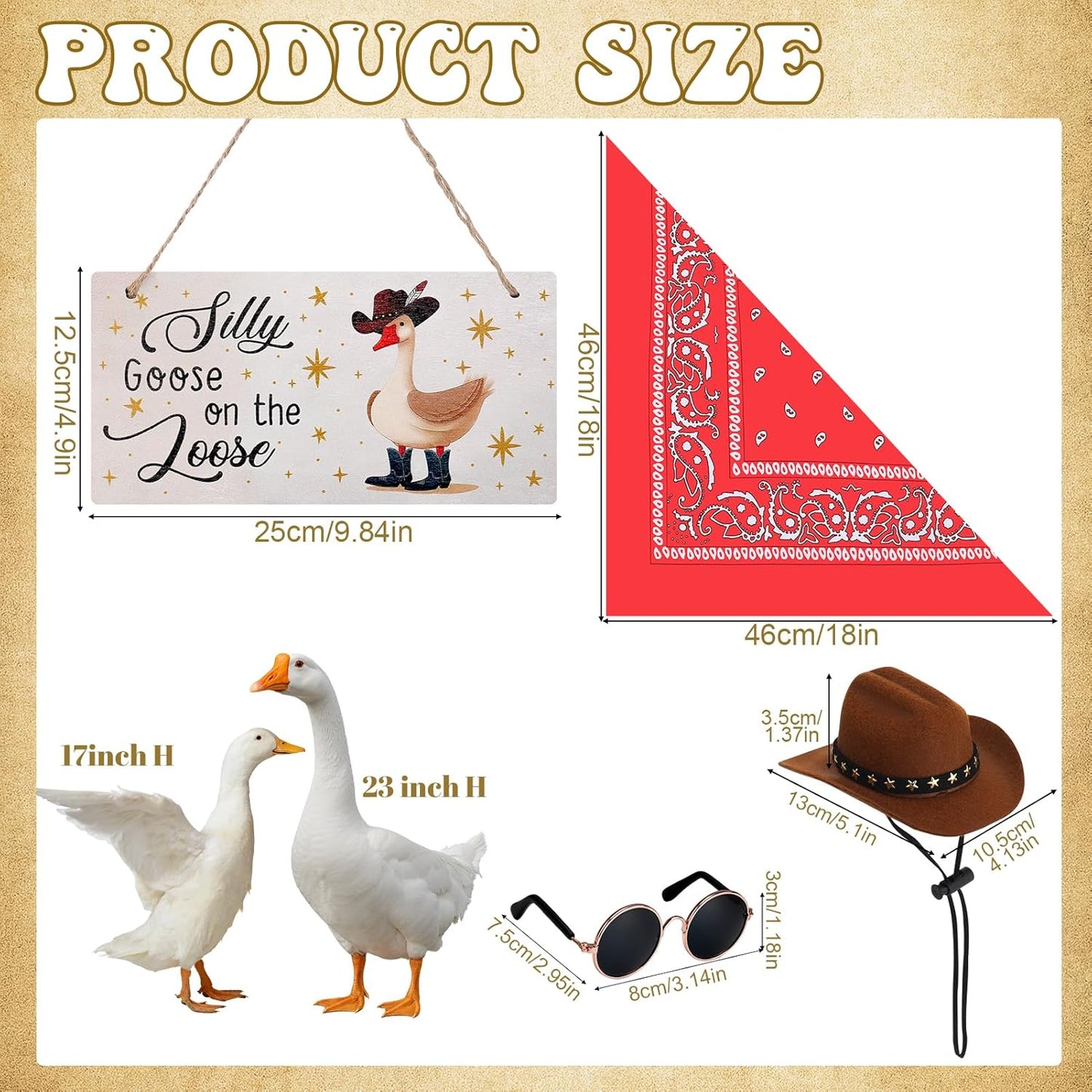 4pcs Western Cowboy Porch Goose Outfits, Silly Goose on The Loose Hangings Sign Cowboy Hat Bandana Glasses for 17 or 23 inches Statue Outdoor Patio Yard Lawn Art (Brown, Red)