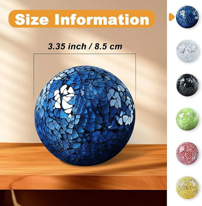 3 Pack Blue Decorative Orbs Mosaic Crack Glass Balls Decor Solid Sphere Globe Bowl Vase Fillers Holiday Living Room Mantle Basket Centerpiece 3.35 Inch