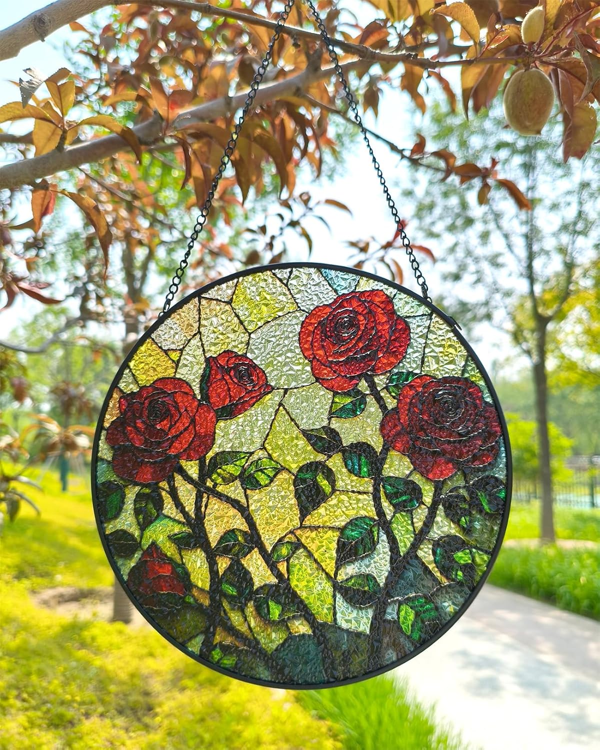 Floral Stained Glass Window Hanging - Rose Design Handmade Suncatcher, Luyseyha 8 Inch Sun Catcher for Windows, Home, Garden, Office, Christian Gift