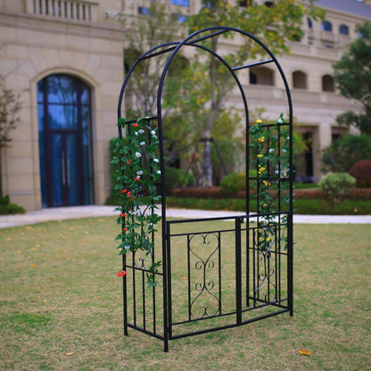 Steel Garden Arch with Gate, 6'9" High x 3'8" Wide, Garden Arbor for Various Climbing Plant, Outdoor Garden Lawn Backyard