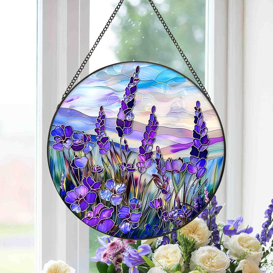 Lavender Suncatcher Hanging Stained Glass Window Decor, 9.8''/25CM Texas Bluebonnet Sun Catcher for