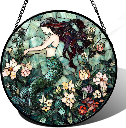 Stained Glass Window Hanging - Teal Sleeping Mermaid Suncatcher for Door Terrace Garden Home Decor
