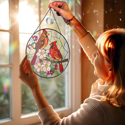 7.8" Cardinal Bird Stained Glass Suncatchers Crystal Art Glass Birds and Flowers for Sun Catcher Indoor Window Floral Gifts for Women Mom Grandma Nature Lovers Friend Painted Panel Décor BIRD-66B-SG8