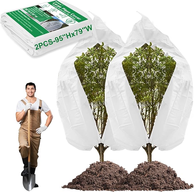 Rohuis Plant Covers Freeze Protection Winter, 2 Packs 95" Hx79 W 2.82oz Huge Tree Blankets Frost Cloth for Outdoor Plants with Zipper Drawstring, Large Garden Frost Protection Cover for Shrub Fig Tree
