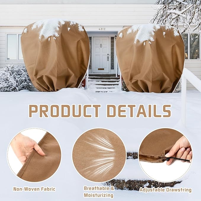 4 Pcs Winter Plant Covers Freeze Protection Reusable Plant Protector Bag with Drawstring Warm Shrubs Cover Frost Protection Planting Jacket Bags for Outdoor Garden, Brown (90.6 x 74.8 Inch)