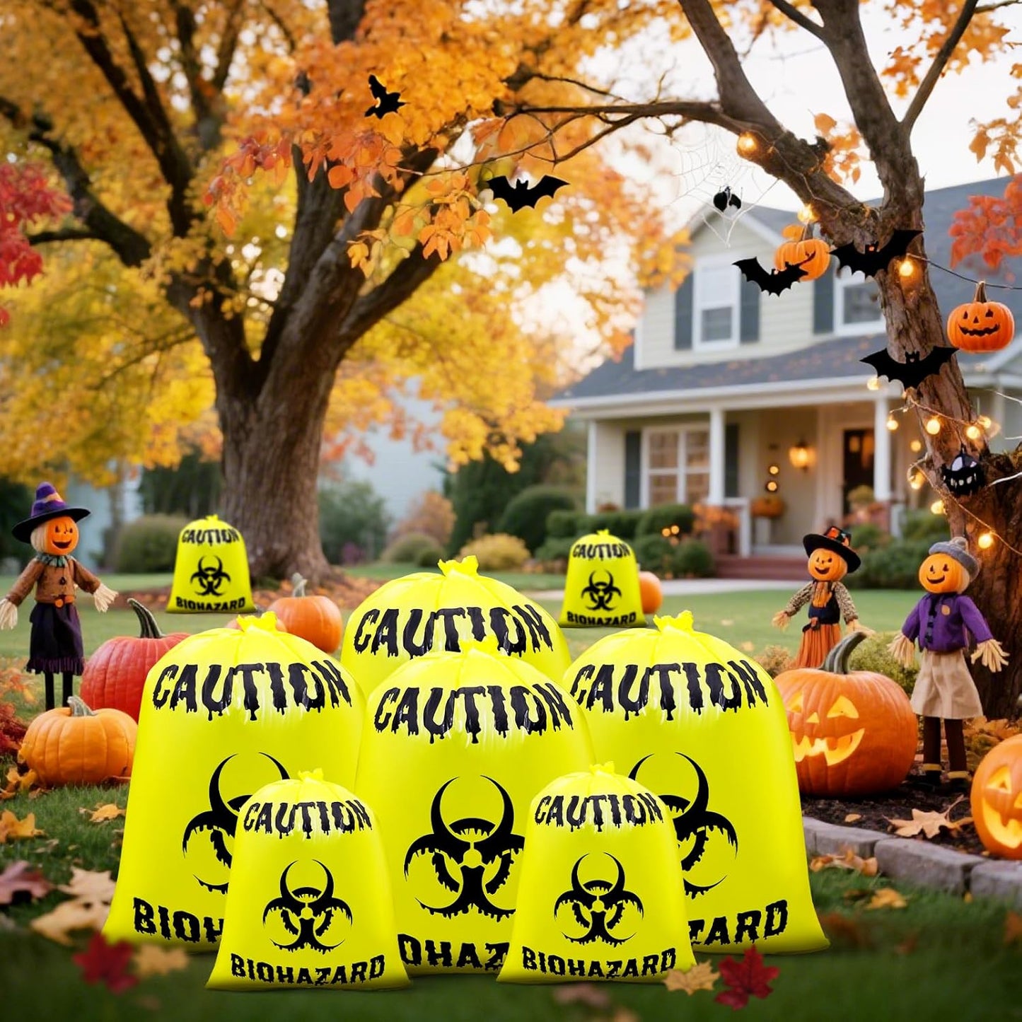 12 Pcs Large Halloween Leaf Bags Biohazard Halloween Decorations Halloween Trash Bags for Leaves Plastic Yard Lawn Waste Bag Scientist Biohazard Bag Outdoor Biohazard Zombie Party Decorations (Yellow)