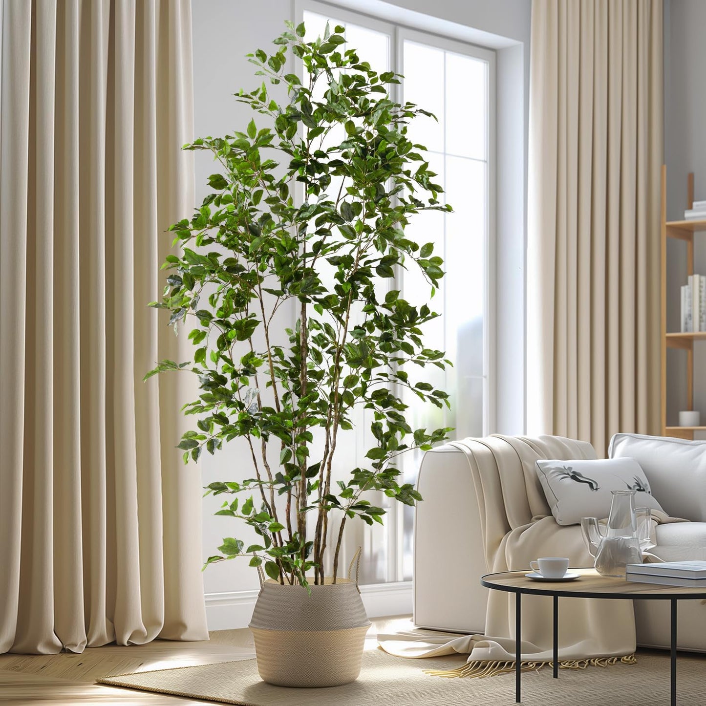 Artificial Ficus Tree Indoor 8ft, Large Potted Faux Tree with Realistic Silk Leaves & Trunk for Home Office, Living Room Corner Decor