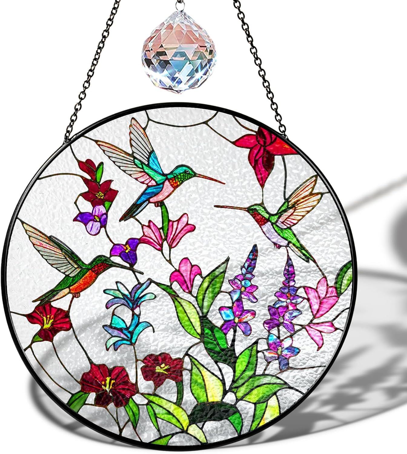 7.8" Green Hummingbird Stained Glass Suncatchers, Bird and Flowers Art Glass for Sun Catcher Indoor Window Gift for Animal Nature Floral Bird Lovers Women Mom Friend Painted Panel Décor BIRD-18B-SG8