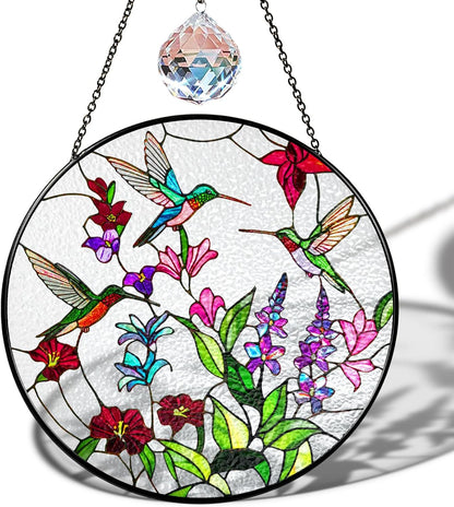 7.8" Green Hummingbird Stained Glass Suncatchers, Bird and Flowers Art Glass for Sun Catcher Indoor Window Gift for Animal Nature Floral Bird Lovers Women Mom Friend Painted Panel Décor BIRD-18B-SG8