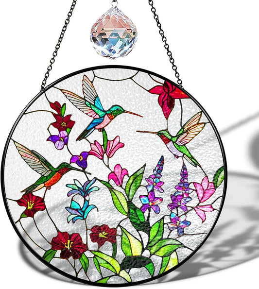 6" Green Hummingbird Stained Glass Suncatchers, Bird and Flowers Art Glass for Sun Catcher Indoor Window Gift for Animal Nature Floral Bird Lovers Women Mom Friend Painted Panel Décor BIRD-18B-SG6