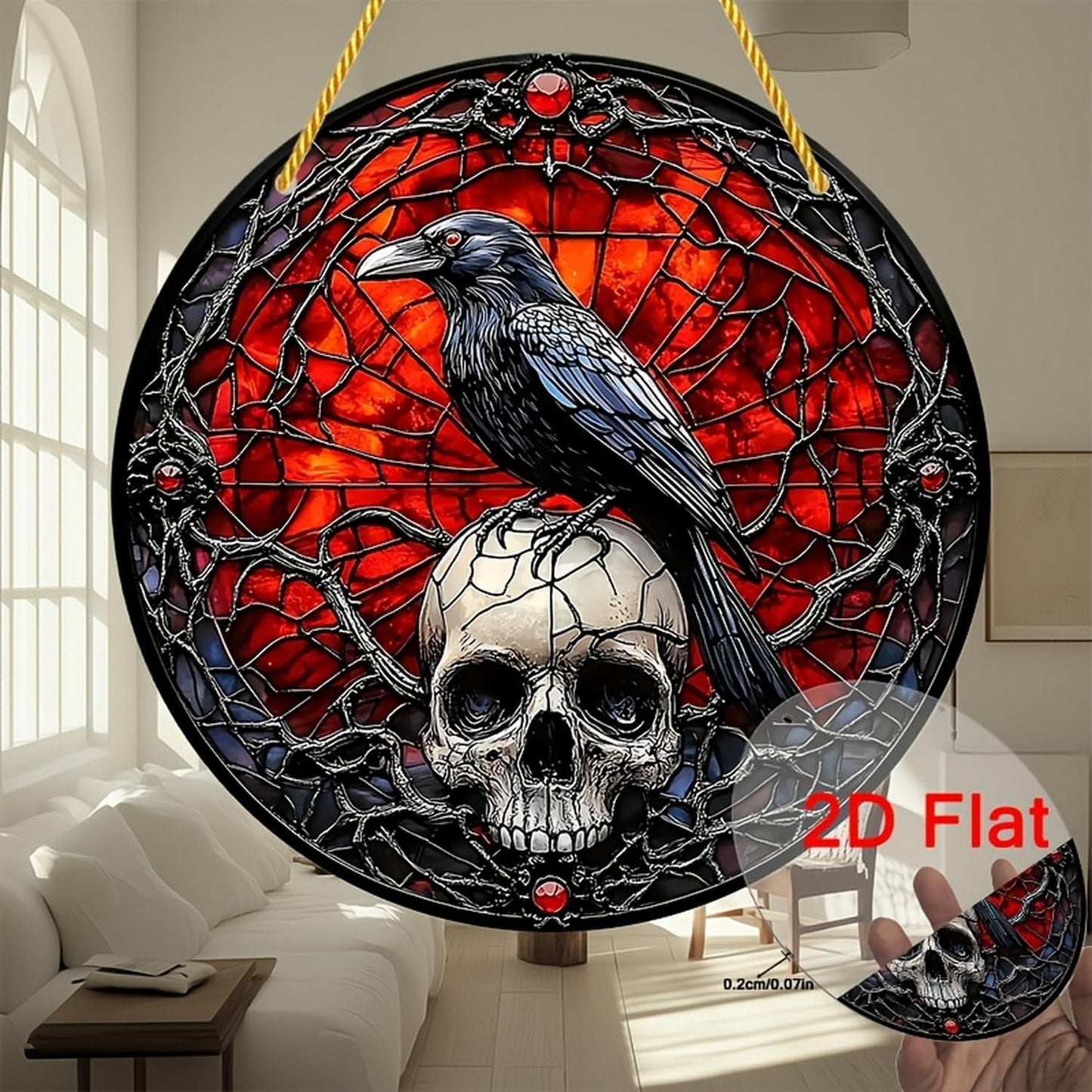 Halloween Sun Catchers Indoor Window Raven Skull Goth Window Decoration Black Goth Acrylic Decoration Black Red with Chain for Home Garden Housewarming Ornaments Gifts for Women Friend Party 7.87 Inch