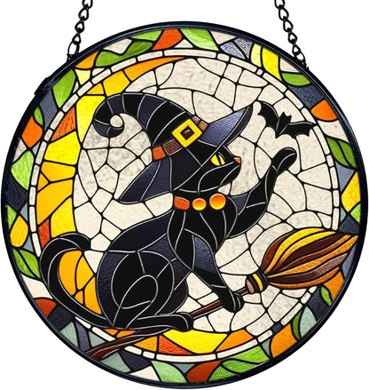 TNUW Halloween Black Cat Stained Glass Window Hanging, Gothic Witchy Black Cat Sun Catchers Indoor Window Glass Round Wall Art Decor, Halloween Wall Hanging Decorations, 7.9＂x7.9＂