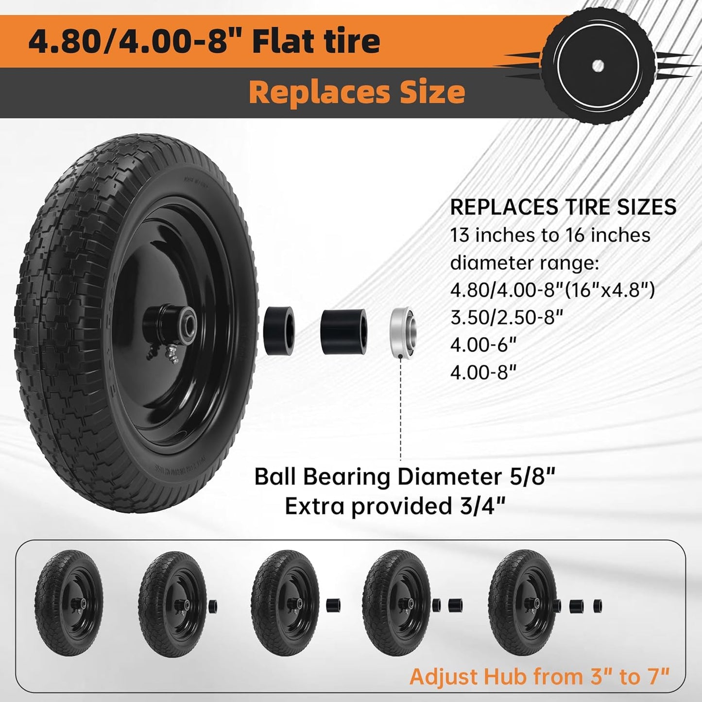 2PC 14.5" Wheelbarrow Tires, 4.80/4.00-8" Flat-Free Tire and Wheel, 5/8" Bearings, Extra 3/4" Bearing, Adjustable Center Hub for 3 to 7", Fits 4.80-8, 4.00-6, 3.50/2.50-8 Wheels, Maximum Load 300 lbs.
