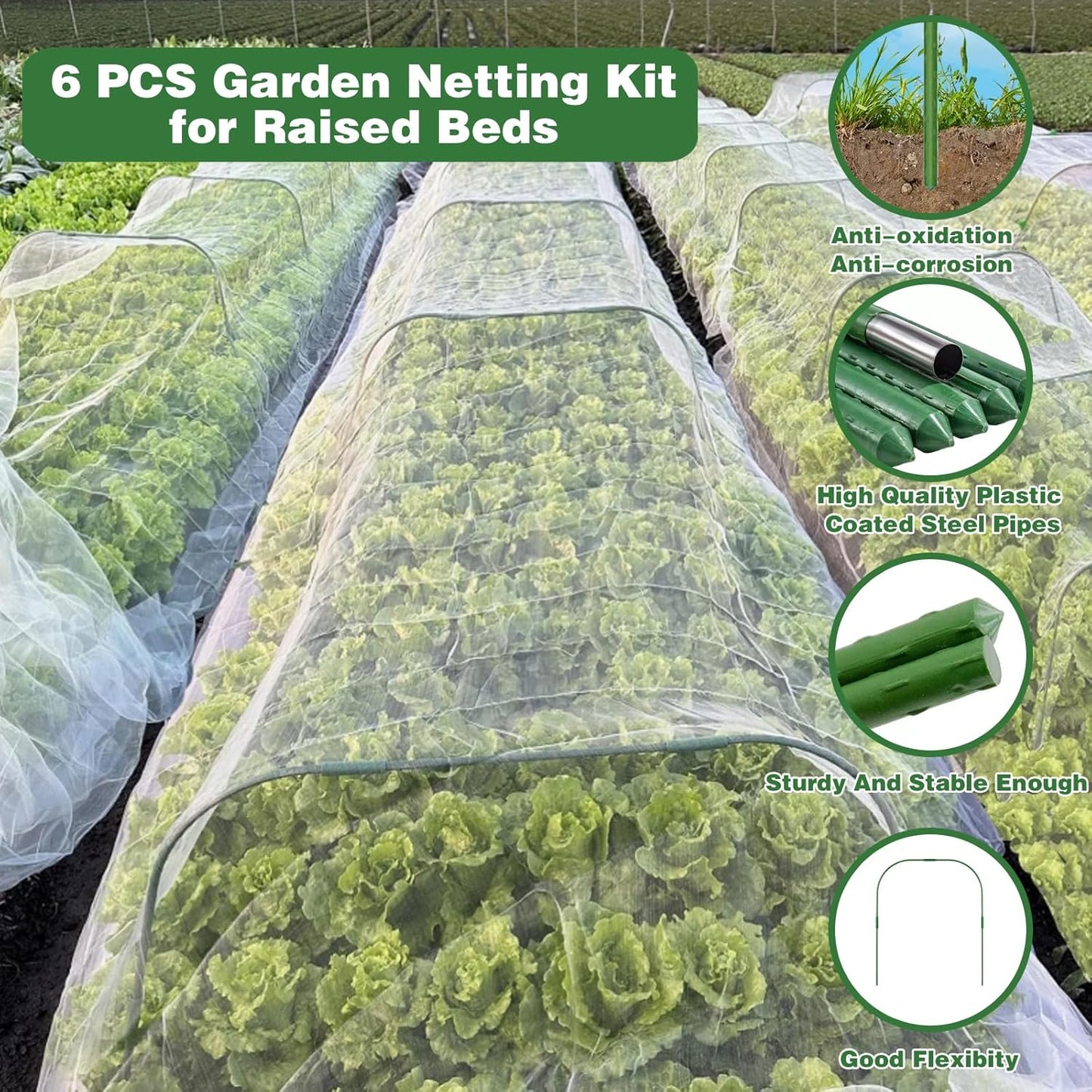 Garden Mesh Netting Kit, 10x33FT Ultra Fine Mesh Netting with 6 Sets Fiberglass Garden Hoops & 18 Clips for Tree Fruit Barrier Vegetable Fruits Flowers Shrubs Plant Covers Net