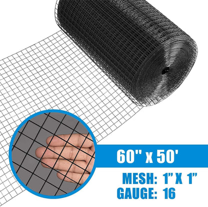 Fencer Wire Hardware Cloth with 1-Inch Grid, 16 Gauge Black Vinyl Coated Welded Fence Mesh Roll for Home and Garden Fence and Pet Enclosures Protect (60 Inch x 50 ft.)