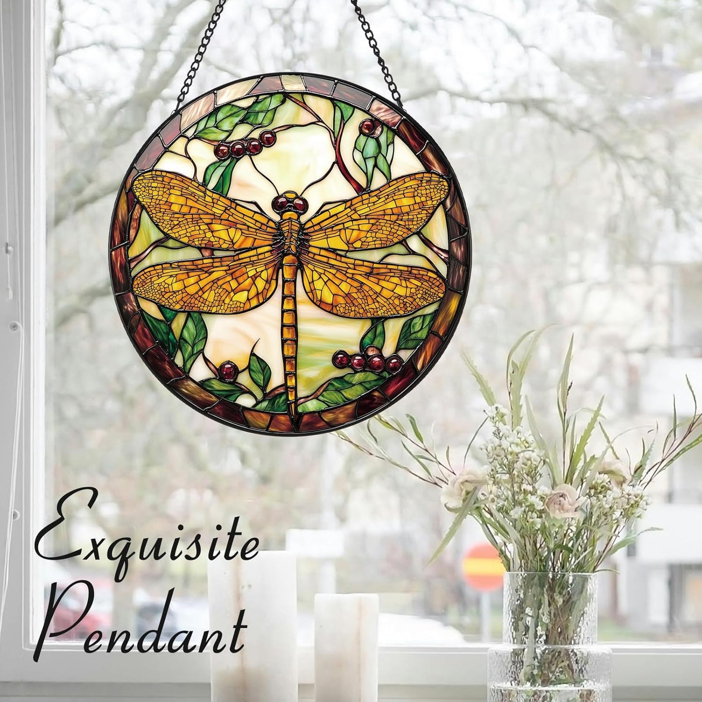 Dragonfly Plant Suncatcher -7.9 in Stained Glass Window Hanging Sun Catcher Garden Decor