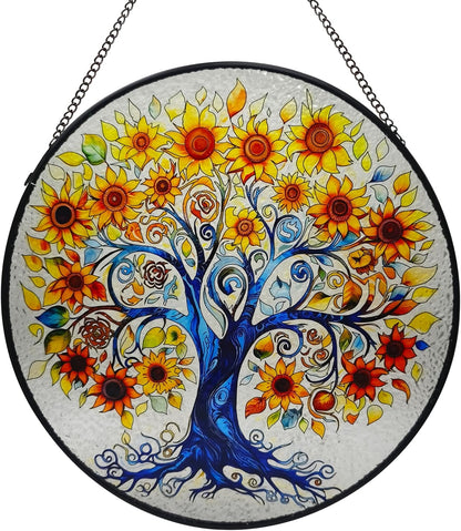 Tree of Life Stained Glass Window Hanging, Sunflower Tree Sun Catchers Indoor Window, 9.8'' Suncatchers for Windows Hanging Christmas, Birthday Gifts for Women, Men