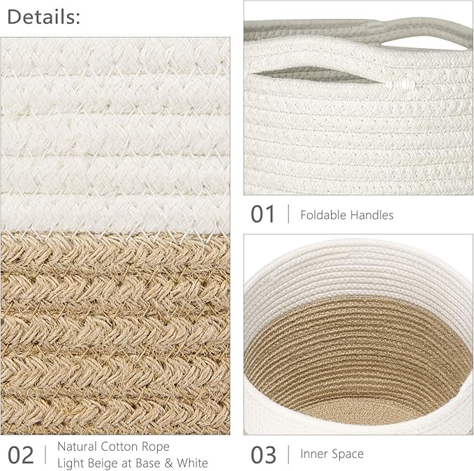 Dahey Jute Spliced Cotton Rope Plant Basket Modern Woven Storage Basket for 10" Floor Indoor Planter, Decorative Flower Pots Cover Laundry Bin with Handle Rustic Home Decor, White and Beige
