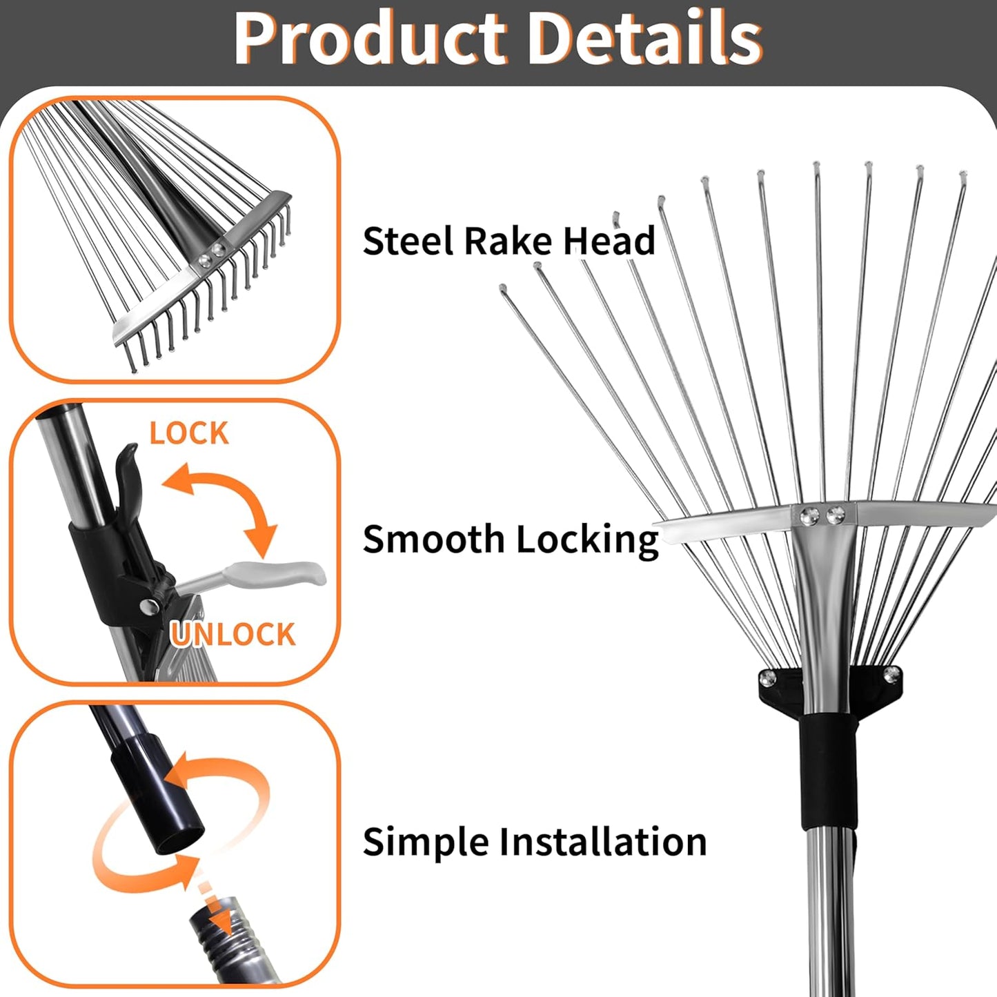 2 Packs Garden Rake for Leaves – Heavy Duty Metal Leaf Rake for Lawns with Adjustable Handle (33"-69") & Expandable Head (8"-15") – Durable for Lawn, Shrub, Garden Beds – Essential Gardening Tools