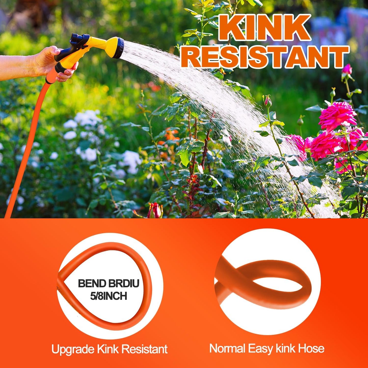 YOTOO Heavy Duty Hybrid Garden Water Hose 5/8-Inch by 75-Feet 150 PSI Kink Resistant, Flexible with Swivel Grip Handle and 3/4" GHT Solid Brass Fittings, Orange