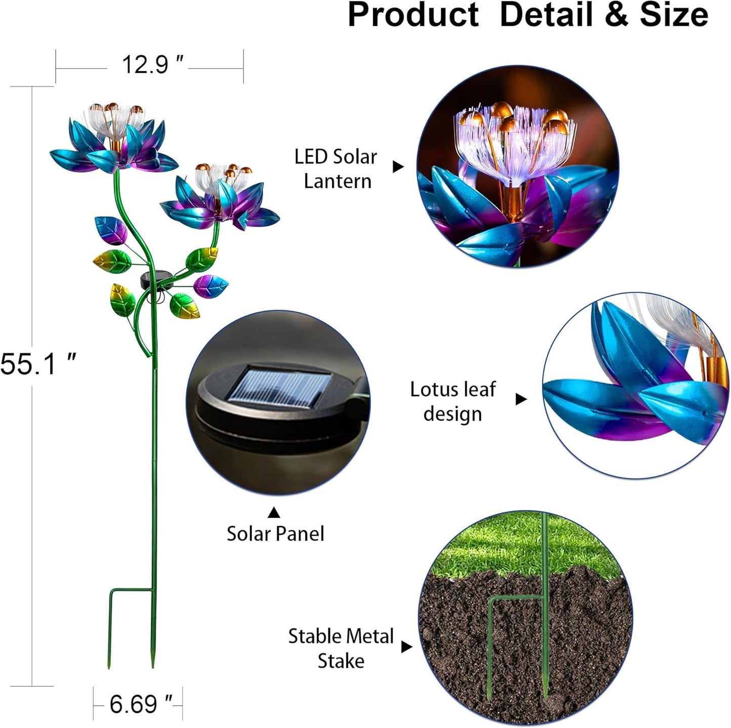 55'' Solar Powered Kinetic Wind Spinner Sculpture Blue Lotus Metal Stake Spinner for Patio, Lawn and Garden Decor Weather-Resistant Outdoor Art with Dual Lotus Design