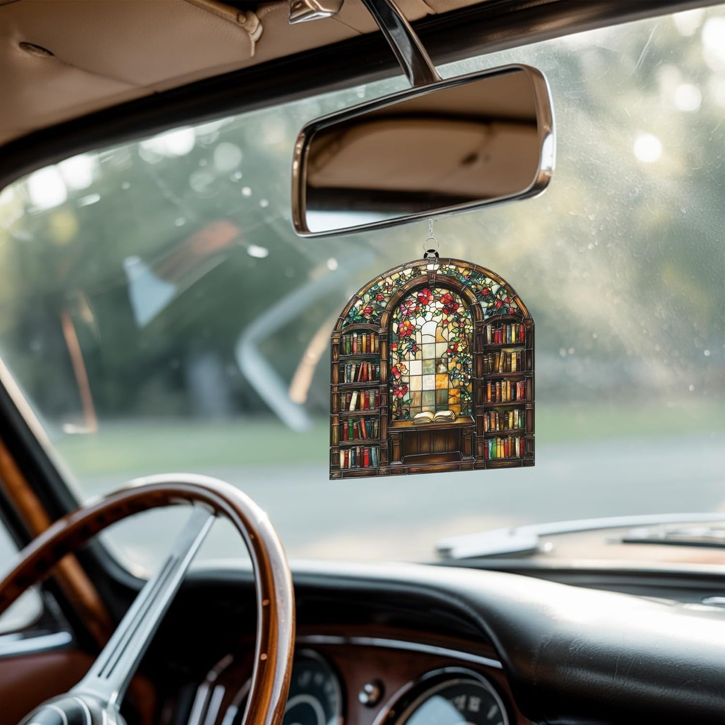 Floral Library Books Bookish Acrylic Suncatcher Stained Glass Effect Window Car Hanging Christmas Ornament Indoor Outdoor Decor Garden Sun Catcher Panel Book Lover for Women Mom Grandma