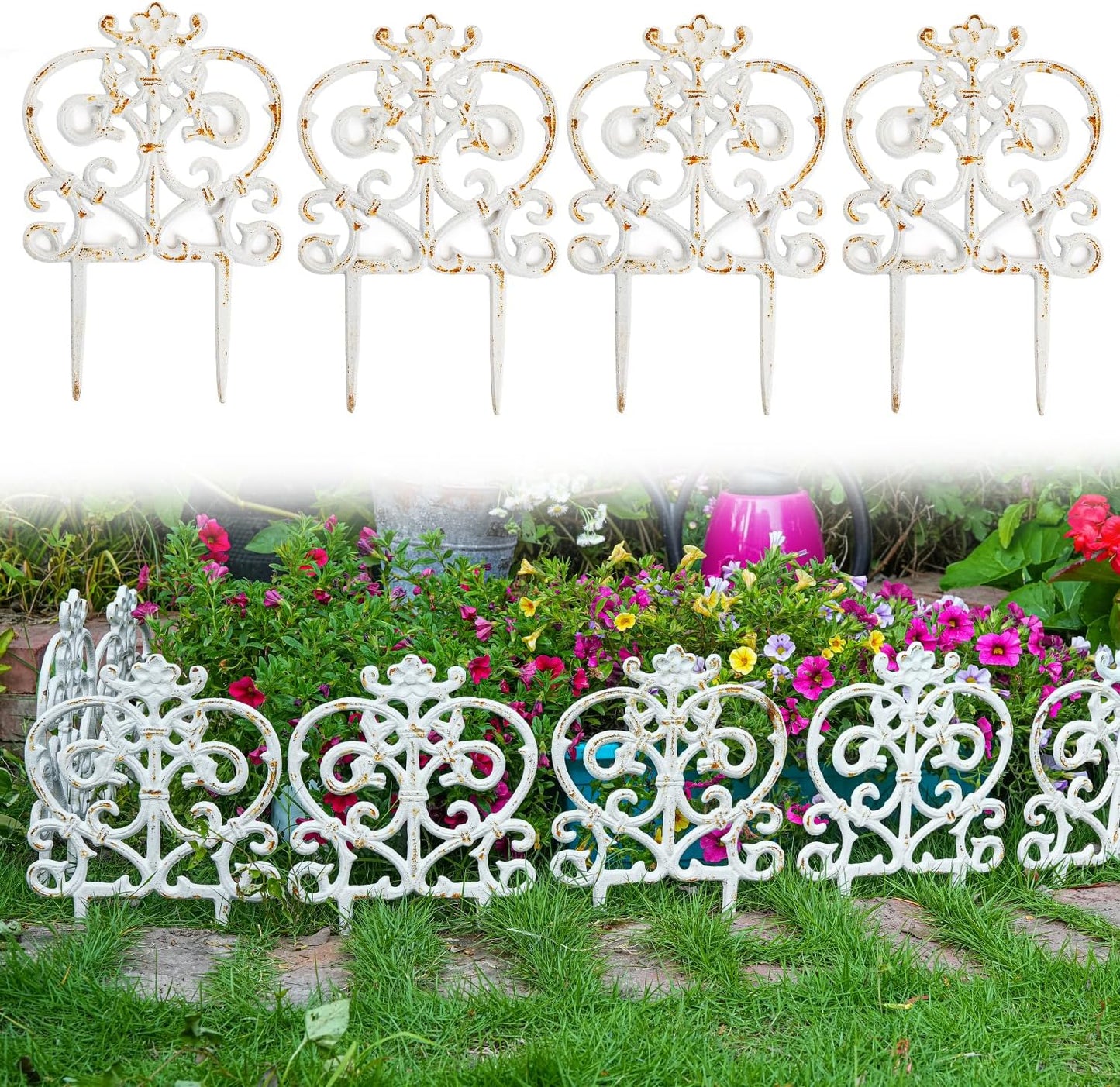 Sungmor Decorative Cast Iron Garden Edging, 4 Pack Rustic White Victorian Garden Edging Landscape Border, Vintage Metal Yard Stake Low Picket Fence, 11.8" Tall Outdoor Flower Bed Lawn Fence Panels