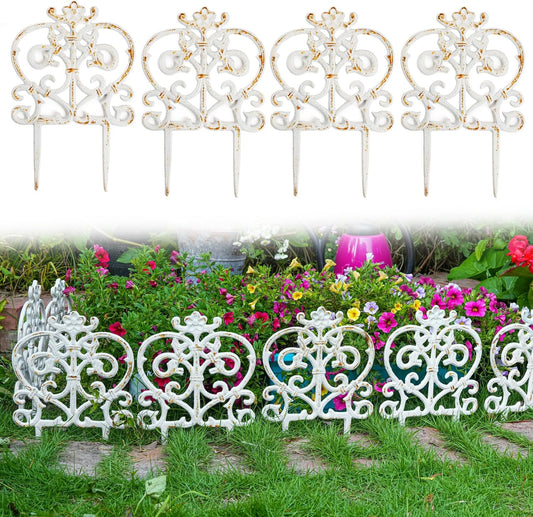 Sungmor Decorative Cast Iron Garden Edging, 4 Pack Rustic White Victorian Garden Edging Landscape Border, Vintage Metal Yard Stake Low Picket Fence, 11.8" Tall Outdoor Flower Bed Lawn Fence Panels