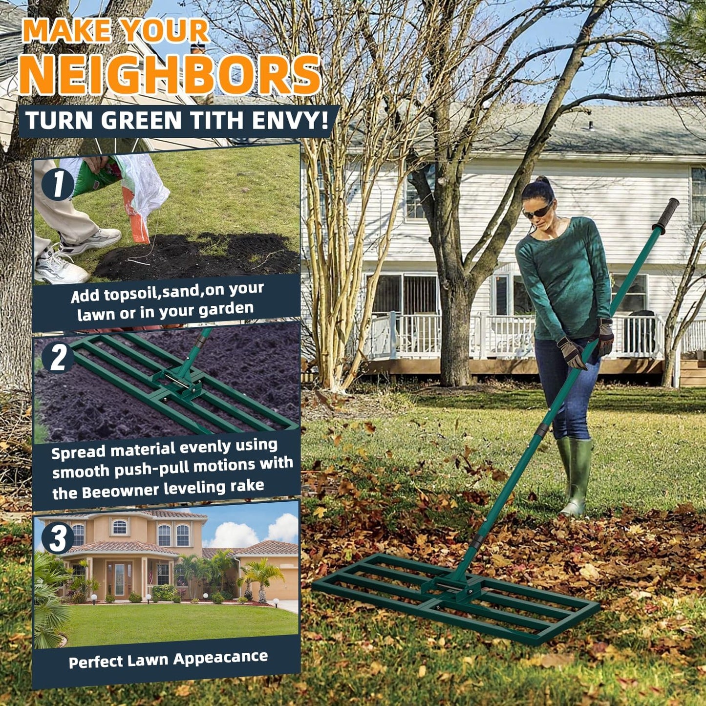 Lawn Leveling Rake Heavy Duty Stainless Steel Lawn Leveling Tool 30”x10” with 78” Adjustable Long Handle Leveling Rake for Soil,Ground,Backyard,Golf Field,Garden Tools Grass Seed Landscaping
