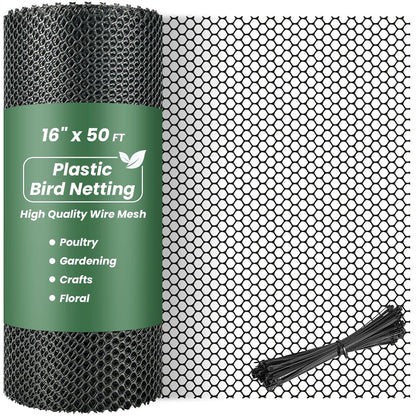 16IN x 50FT Plastic Chicken Wire Mesh, Chicken Wire for Floral Arrangements, Chicken Wire Mesh for Crafts with 100 Pcs Zip Ties, Mesh Fence for Dogs, Deers, Poultry