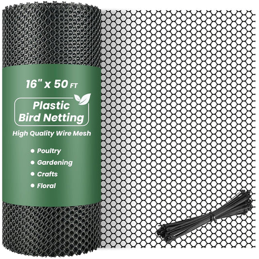 16IN x 50FT Plastic Chicken Wire Mesh, Chicken Wire for Floral Arrangements, Chicken Wire Mesh for Crafts with 100 Pcs Zip Ties, Mesh Fence for Dogs, Deers, Poultry