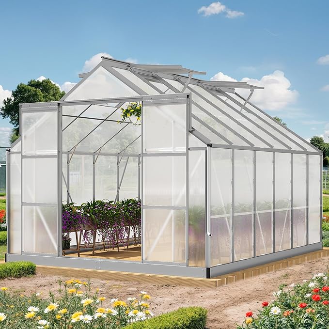YITAHOME 10x12FT Polycarbonate Greenhouse for Outdoors, Large Heavy Duty Aluminum Greenhouses with Sliding Doors and Vent Window, Walk-in Greenhouse for Garden Backyard, Simple Setup, Silver