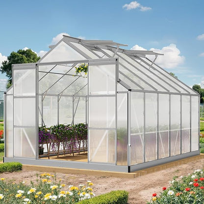 YITAHOME 10x12FT Polycarbonate Greenhouse for Outdoors, Large Heavy Duty Aluminum Greenhouses with Sliding Doors and Vent Window, Walk-in Greenhouse for Garden Backyard, Simple Setup, Silver