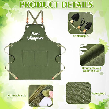 Tarpop Green Garden Tool Set Plant Whisperer Gardening Gifts for Women, 7 Piece Vegetable Planting Tool Kit with Cap Canvas Apron Green Leaf Gloves Soil Scoop Transplant Trowel Cultivator Flower Tub